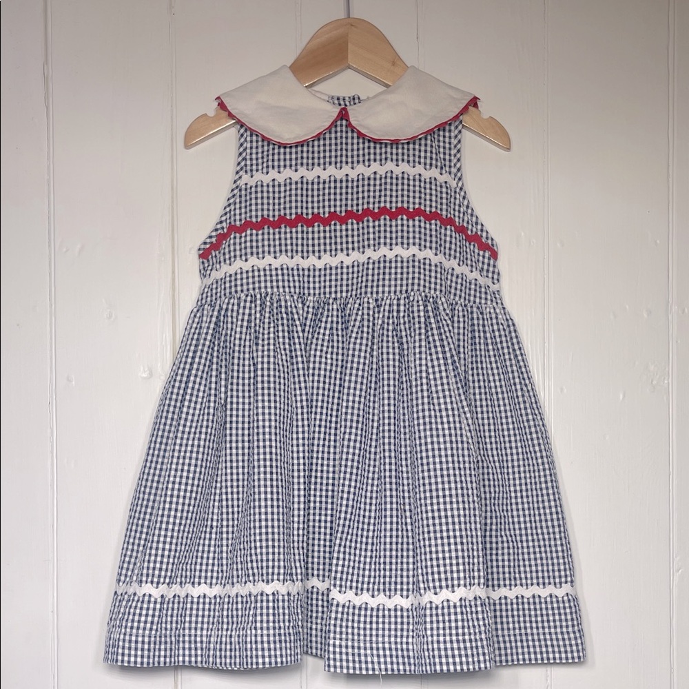 SMOCKED BOUTIQUE EUC Seersucker Gingham Ric Rac Peter Pan Collar Dress